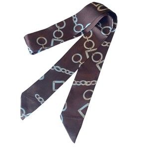Brown Burgundy-Toned White Chains Silky Bag Twilly Scarf New